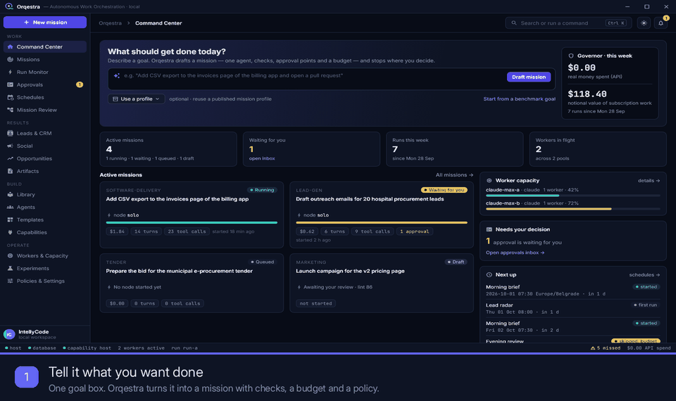 Orqestra demo: goal, mission review, live run, approval, schedule, library and results